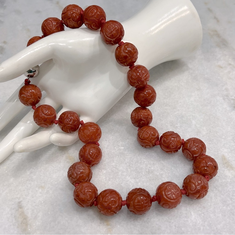 Burmese Red Jade Carved Bead Sterling Silver Magnetic Clasp Necklace